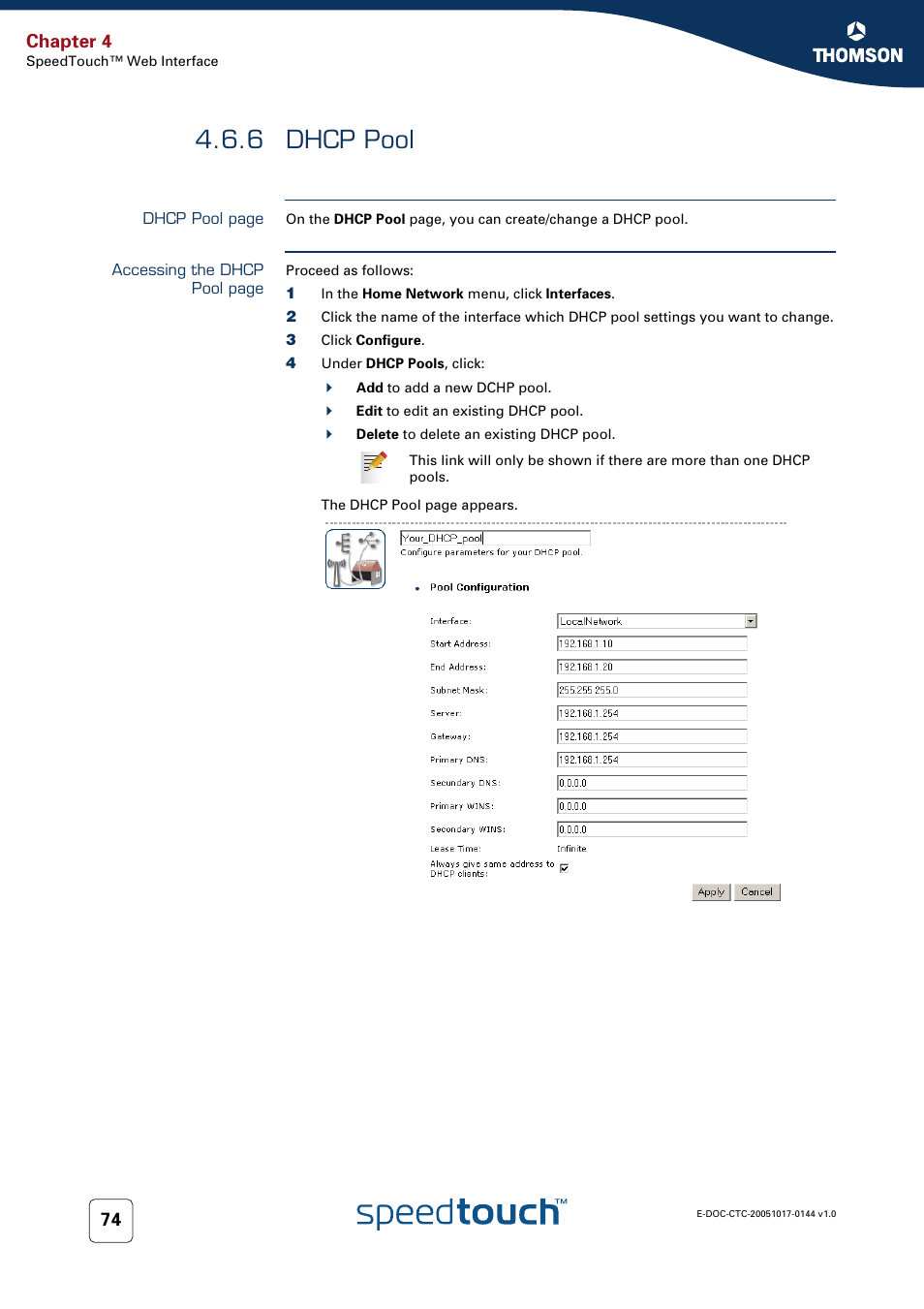 6 dhcp pool, Dhcp pool, Chapter 4 | RCA SpeedTouch 546 User Manual | Page 82 / 92