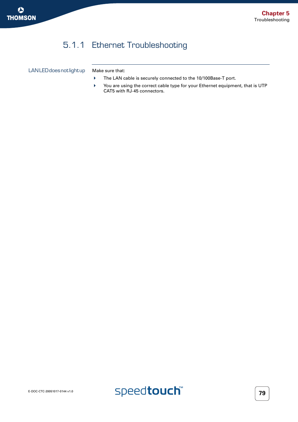1 ethernet troubleshooting, Lan led does not light up, Ethernet troubleshooting | RCA SpeedTouch 546 User Manual | Page 87 / 92
