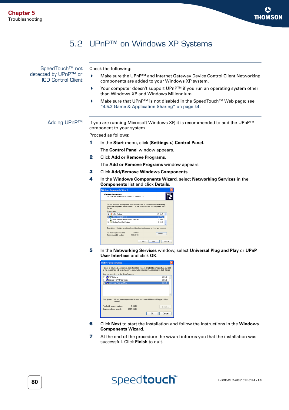 2 upnp™ on windows xp systems, Adding upnp, Upnp™ on windows xp systems | Upnp™ (see, Speedtouch™ not detected by upnp™ or igd control, Chapter 5 | RCA SpeedTouch 546 User Manual | Page 88 / 92