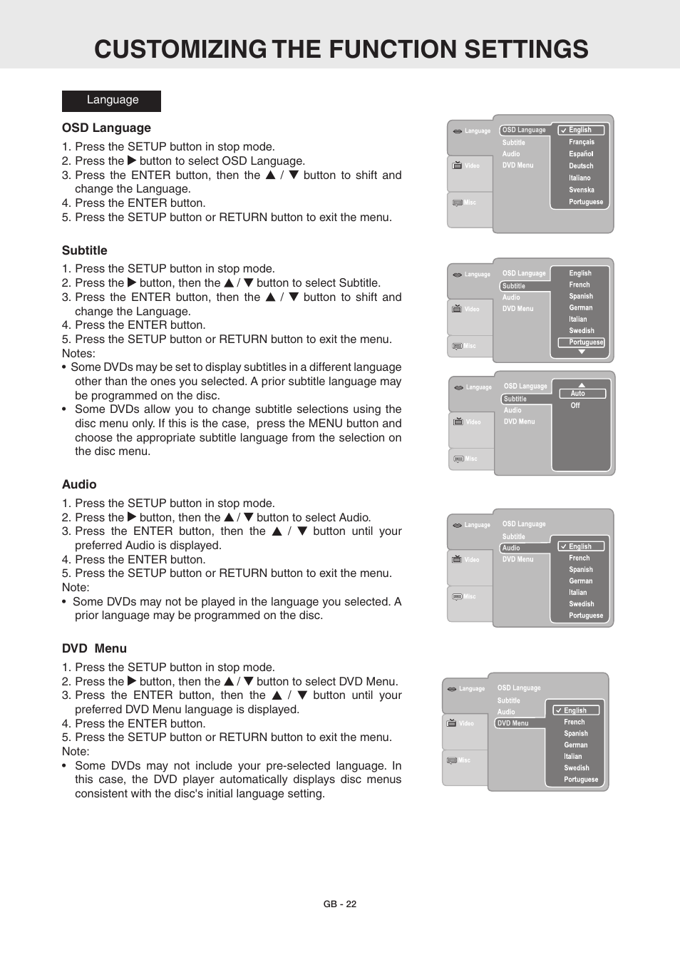 Customizing the function settings | RCA DRC6389T User Manual | Page 24 / 28