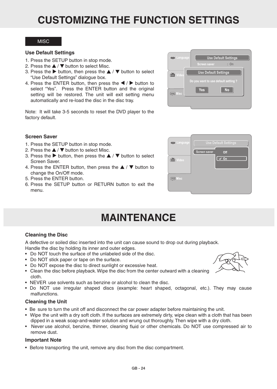 Customizing the function settings, Maintenance | RCA DRC6389T User Manual | Page 26 / 28