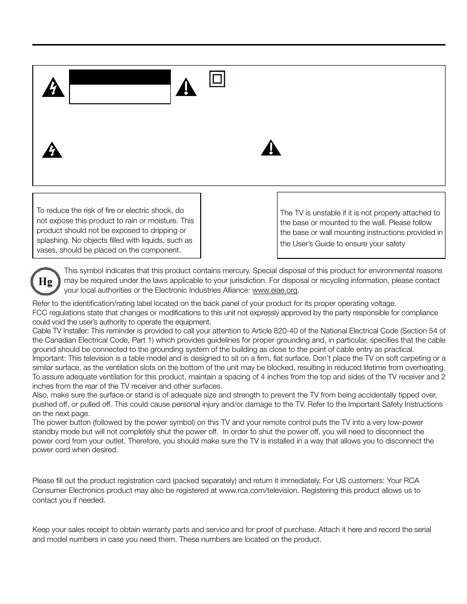 Important information, Product registration, Product information | RCA L42FHD2X48 User Manual | Page 2 / 52