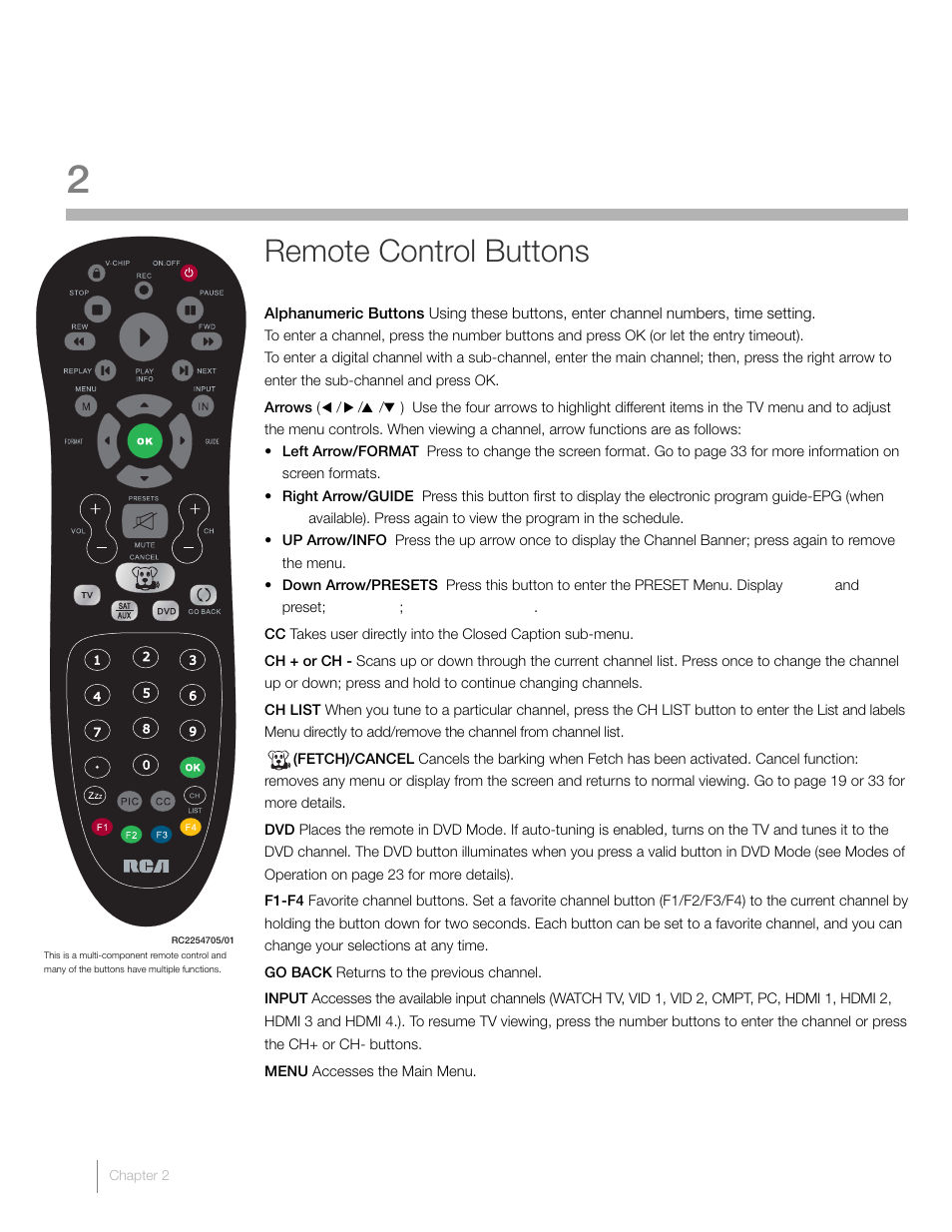 2 using the remote control, Remote control buttons | RCA L42FHD2X48 User Manual | Page 20 / 52