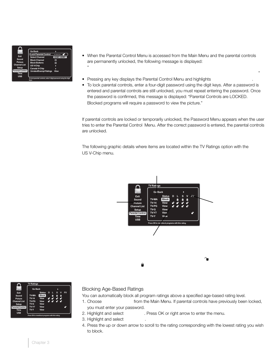 Lock parental controls, Unlock parental controls, V-chip rating screen | Us v-chip tv ratings blocking age-based ratings, Content status fields, Rating status field, Rating field, Content themes | RCA L42FHD2X48 User Manual | Page 30 / 52
