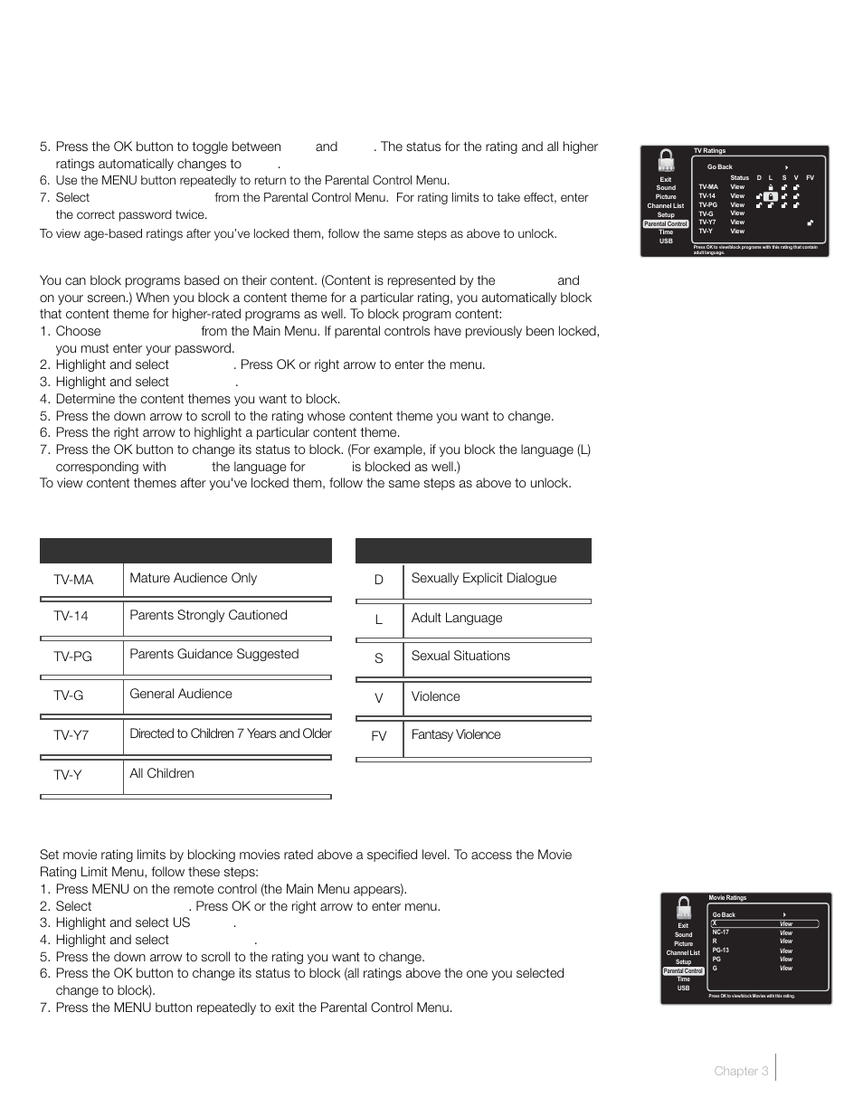 Blocking specific content themes, Us v-chip movie rating limit | RCA L42FHD2X48 User Manual | Page 31 / 52