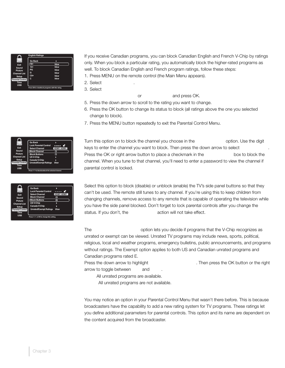 Blocking canada v-chip ratings, Block channel, Block buttons | Blocking unrated/exempt programs, Future rating region | RCA L42FHD2X48 User Manual | Page 32 / 52