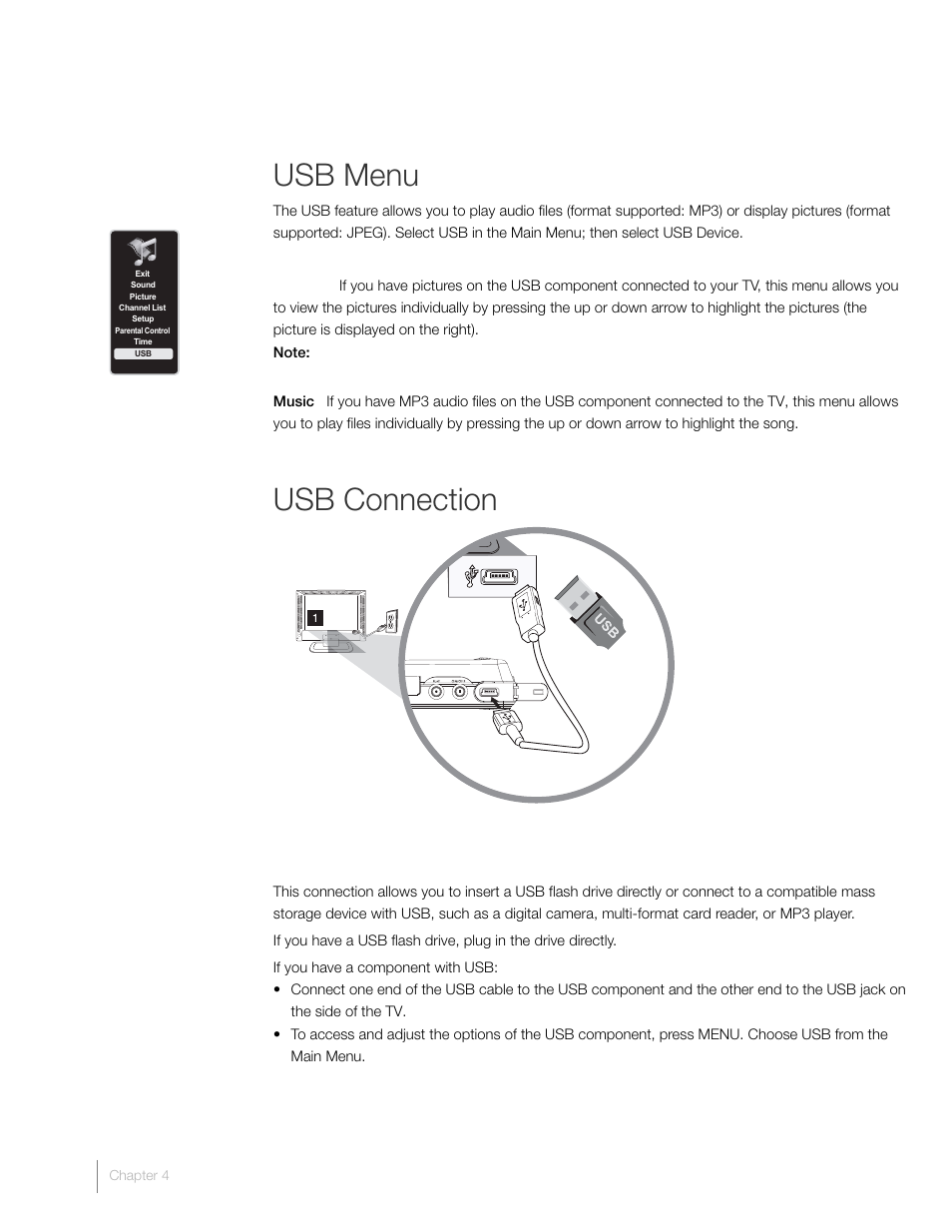 Usb menu, Usb connection | RCA L42FHD2X48 User Manual | Page 40 / 52