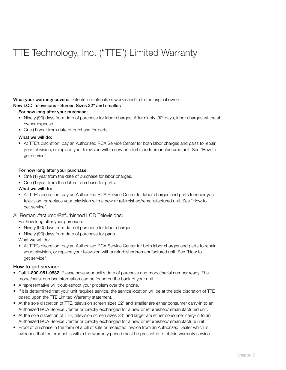 Tte technology, inc. (“tte”) limited warranty | RCA L42FHD2X48 User Manual | Page 47 / 52