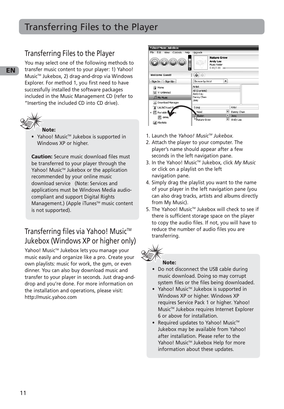 Transferring files to the player, Transferring files via yahoo! music, Jukebox (windows xp or higher only) | RCA MC4001 User Manual | Page 12 / 30