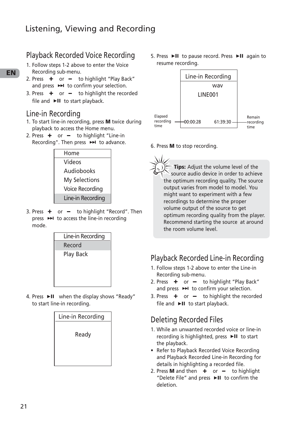 Playback recorded voice recording, Line-in recording, Playback recorded line-in recording | Deleting recorded files, Listening, viewing and recording | RCA MC4001 User Manual | Page 22 / 30