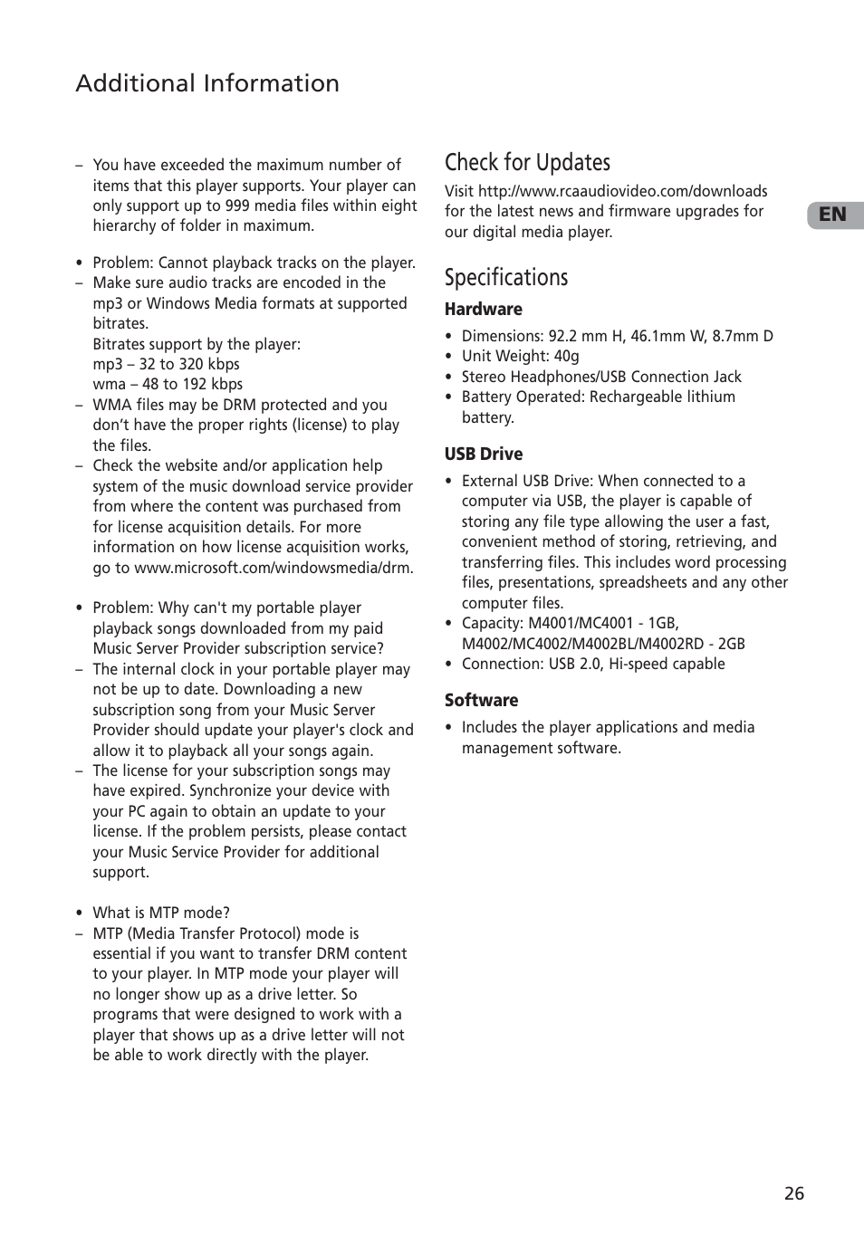 Check for updates, Specifications, Additional information | RCA MC4001 User Manual | Page 27 / 30