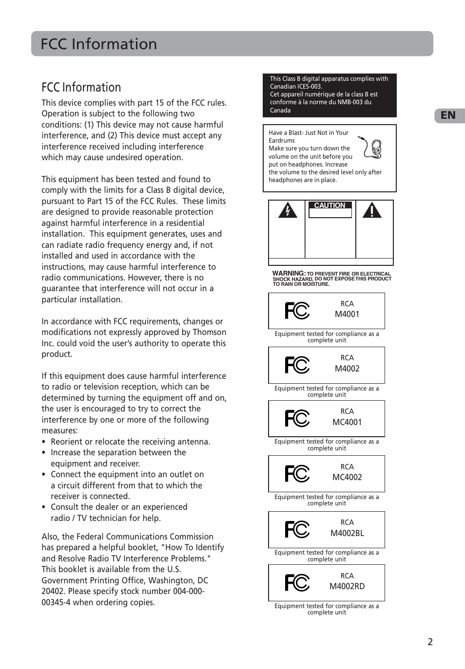 Fcc information | RCA MC4001 User Manual | Page 3 / 30