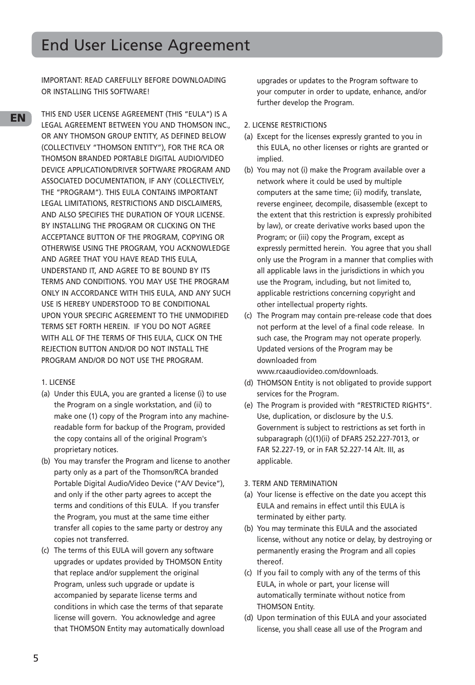 End user license agreement | RCA MC4001 User Manual | Page 6 / 30