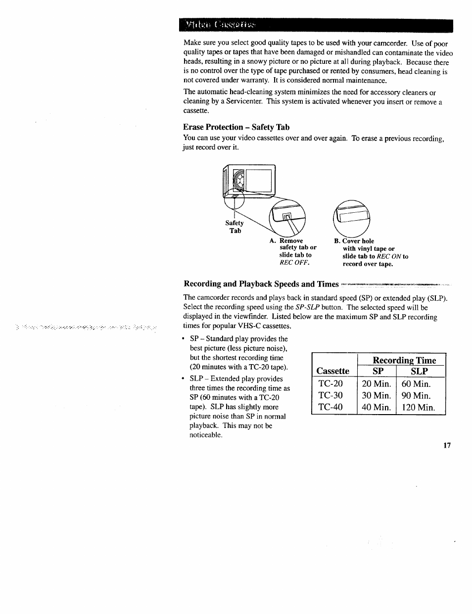 Erase protection - safety tab, Recording and playback speeds and times | RCA CC643 User Manual | Page 19 / 85