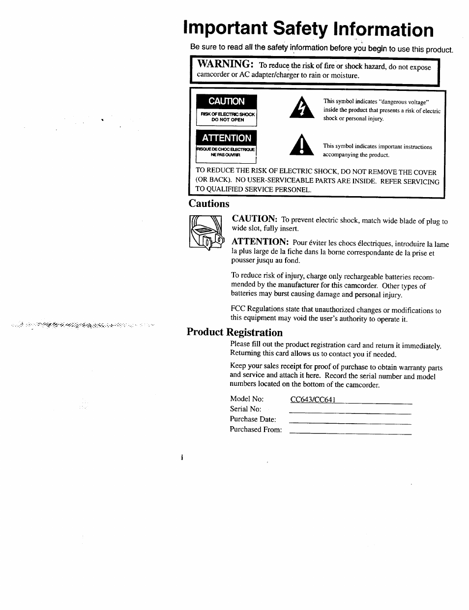 Important safety information, Cautions, Product registration | RCA CC643 User Manual | Page 2 / 85