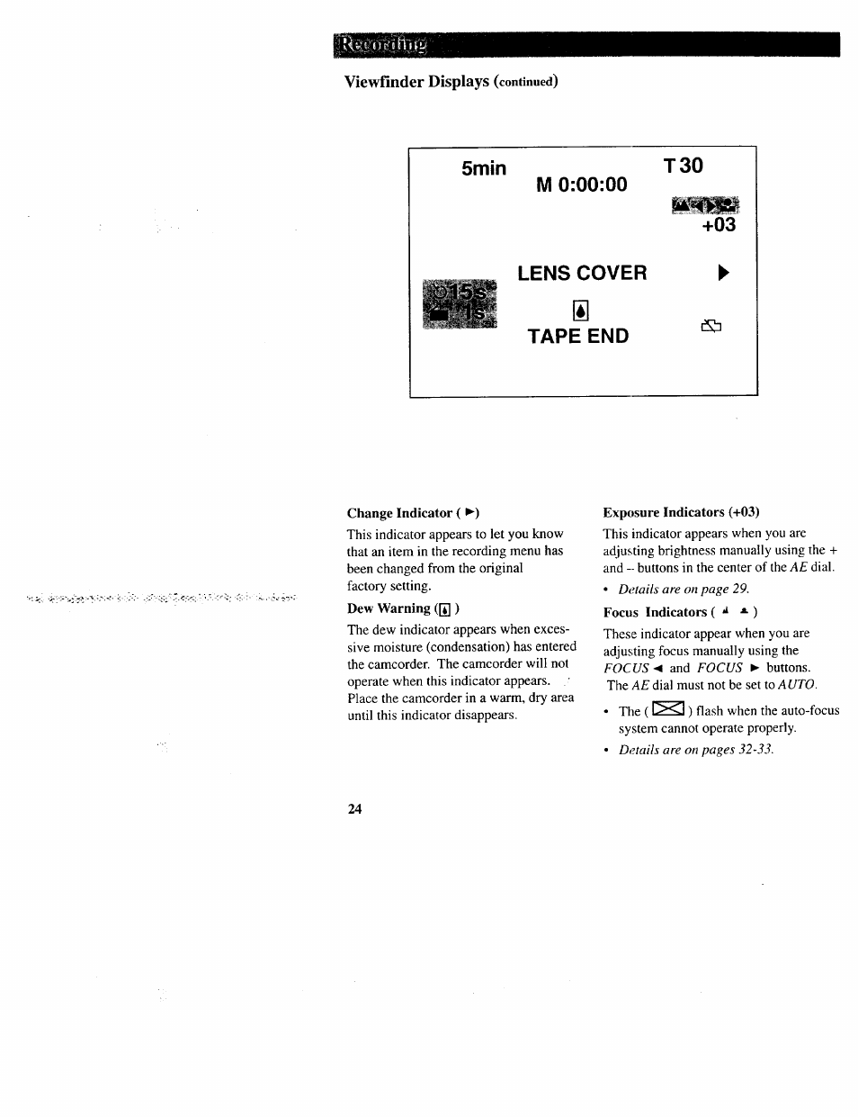 Viewfinder displays (continued), Tape end | RCA CC643 User Manual | Page 25 / 85