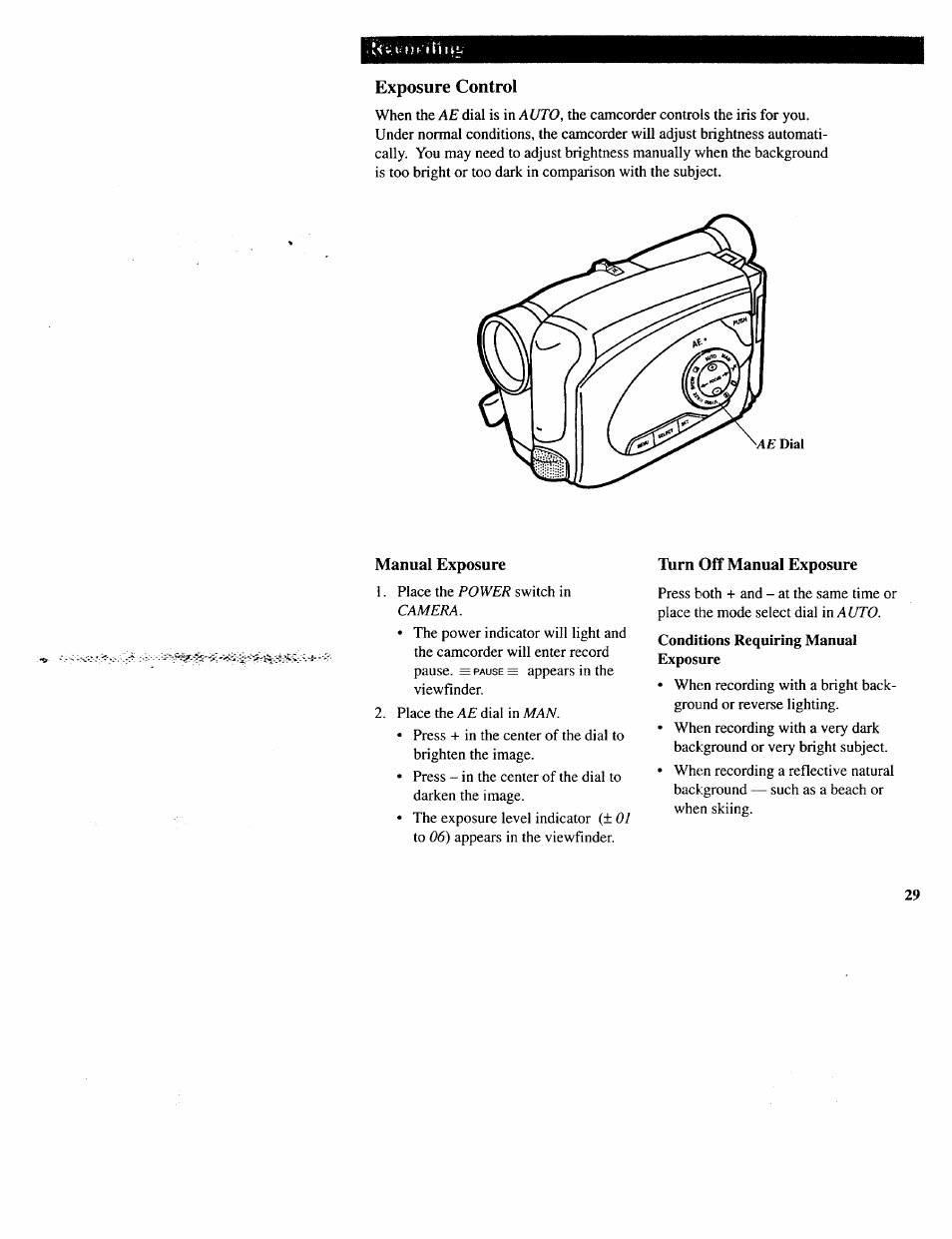 Exposure control, Manual exposure, L\irn off manual exposure | RCA CC643 User Manual | Page 28 / 85