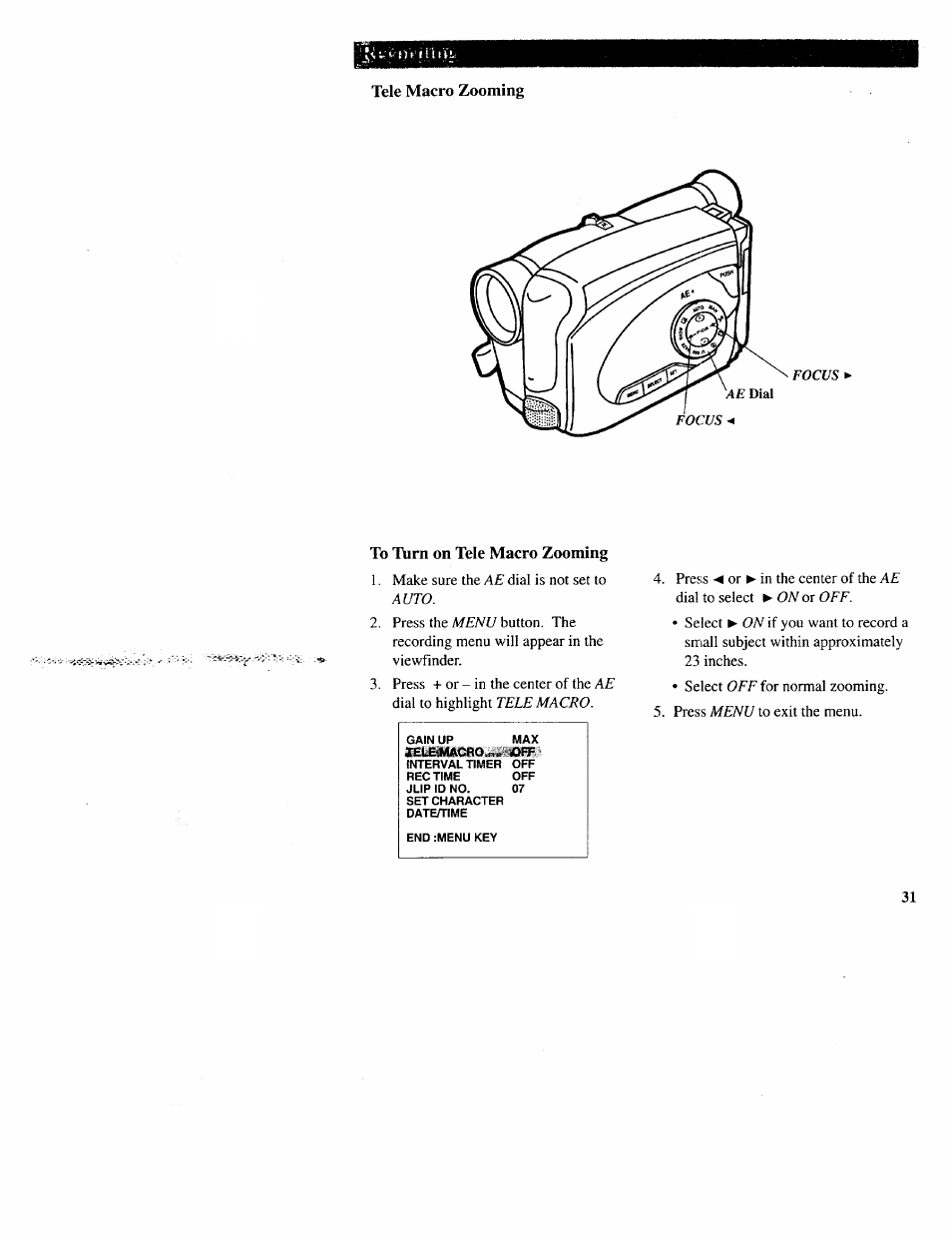 To t\irn on tele macro zooming | RCA CC643 User Manual | Page 30 / 85