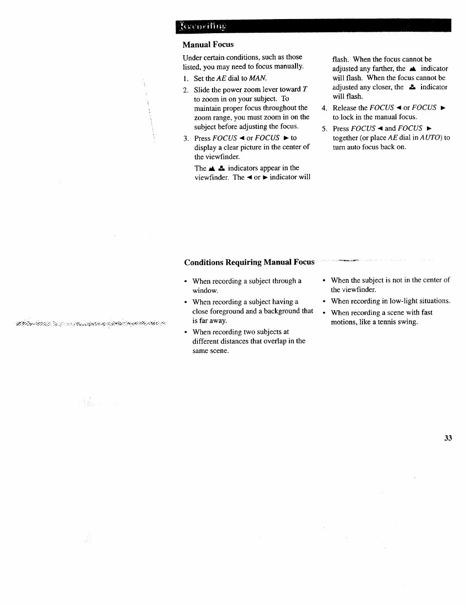 Manual focus, Conditions requiring manual focus | RCA CC643 User Manual | Page 32 / 85