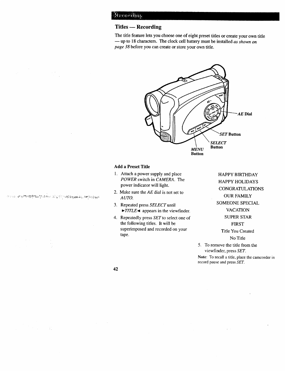 Titles — recording | RCA CC643 User Manual | Page 41 / 85