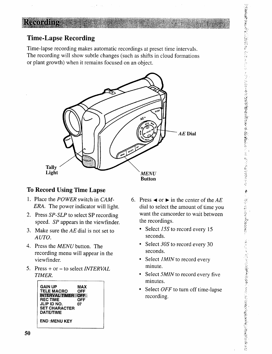 Time-lapse recording, To record using time lapse, Recording | RCA CC643 User Manual | Page 49 / 85