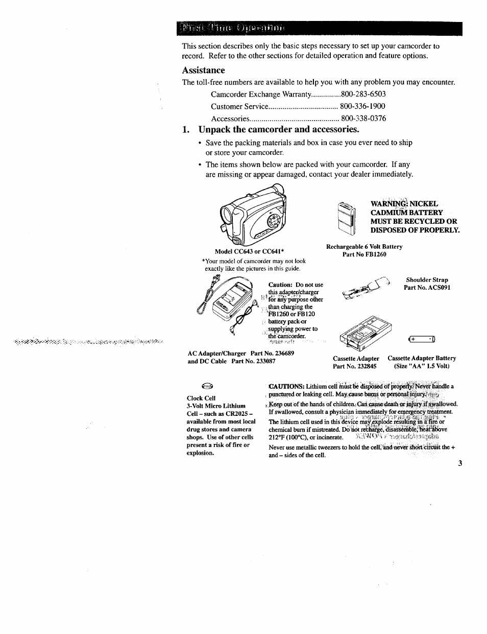Assistance, Unpack the camcorder and accessories | RCA CC643 User Manual | Page 5 / 85