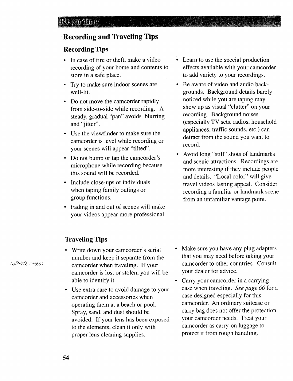 Recording and traveling tips, Recording tips, Traveling tips | Recording and traveling tips recording tips | RCA CC643 User Manual | Page 53 / 85