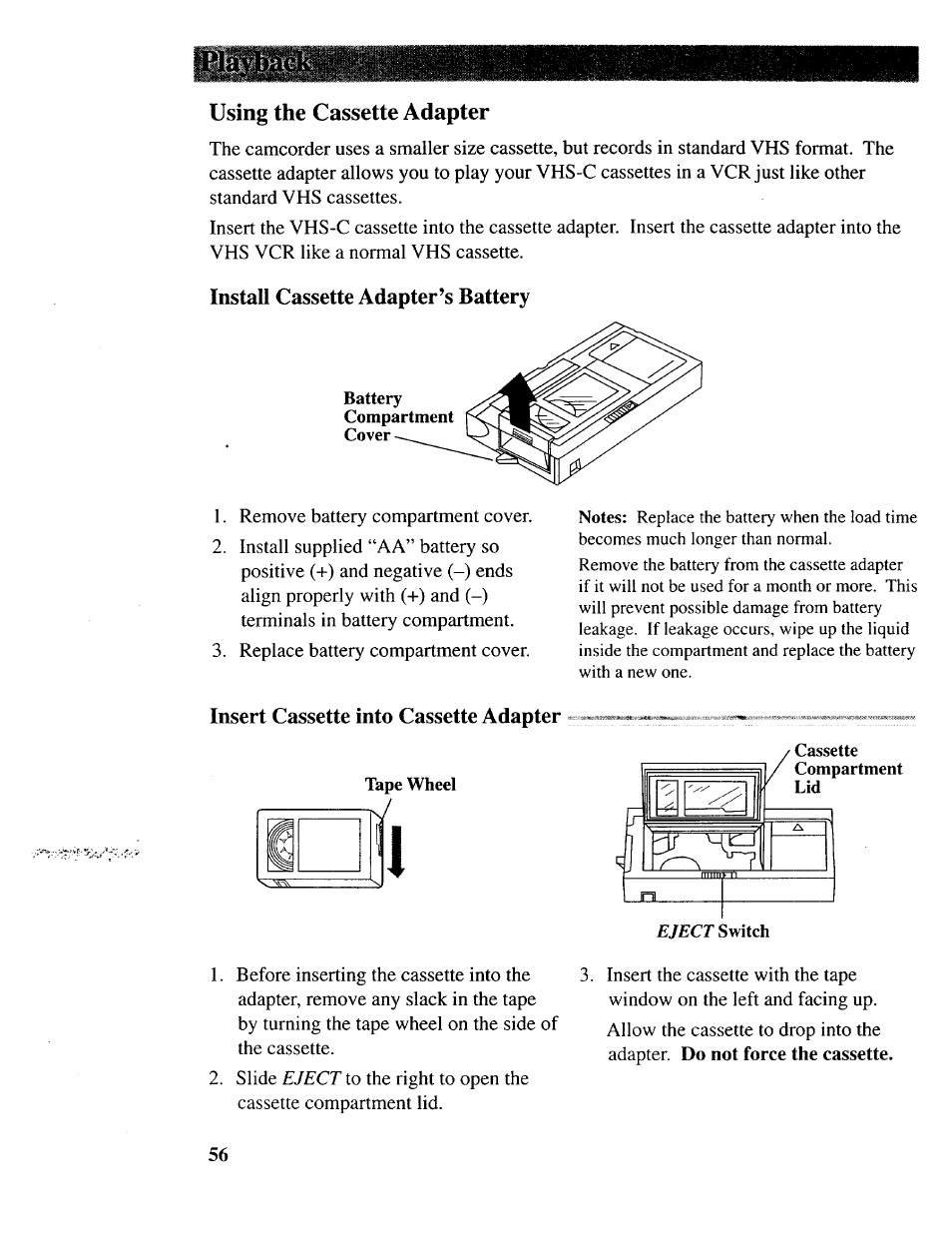 Using the cassette adapter, Install cassette adapter’s battery, Insert cassette into cassette adapter | RCA CC643 User Manual | Page 55 / 85