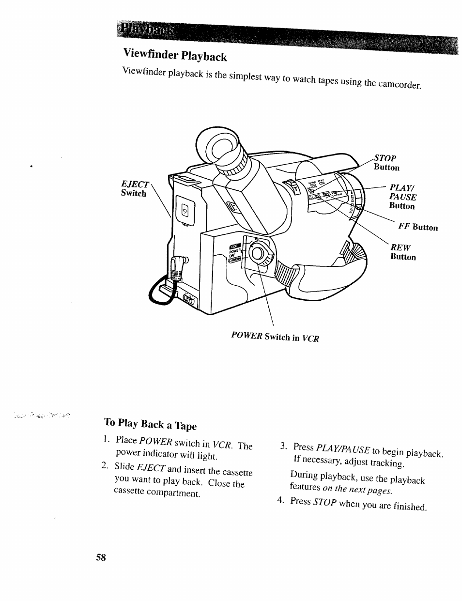 Viewfinder playback, To play back a tape | RCA CC643 User Manual | Page 57 / 85