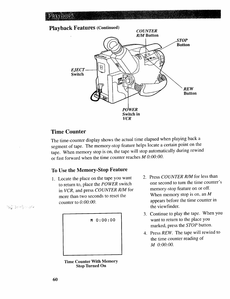 Playback features (continued), Time counter, To use the memory-stop feature | Playback features | RCA CC643 User Manual | Page 59 / 85