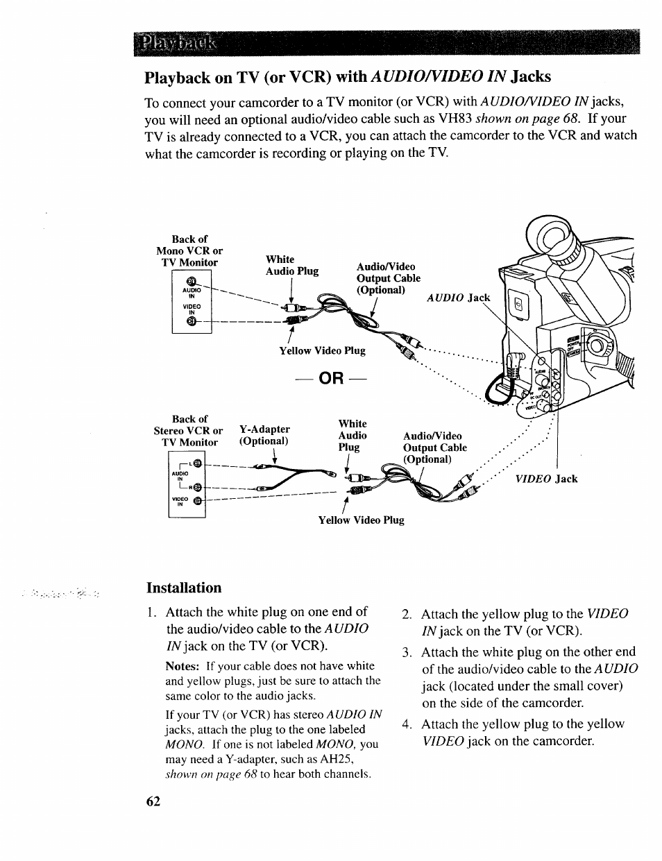 Playback on tv (or vcr) y/\xh audio/video /v jacks, Installation | RCA CC643 User Manual | Page 61 / 85