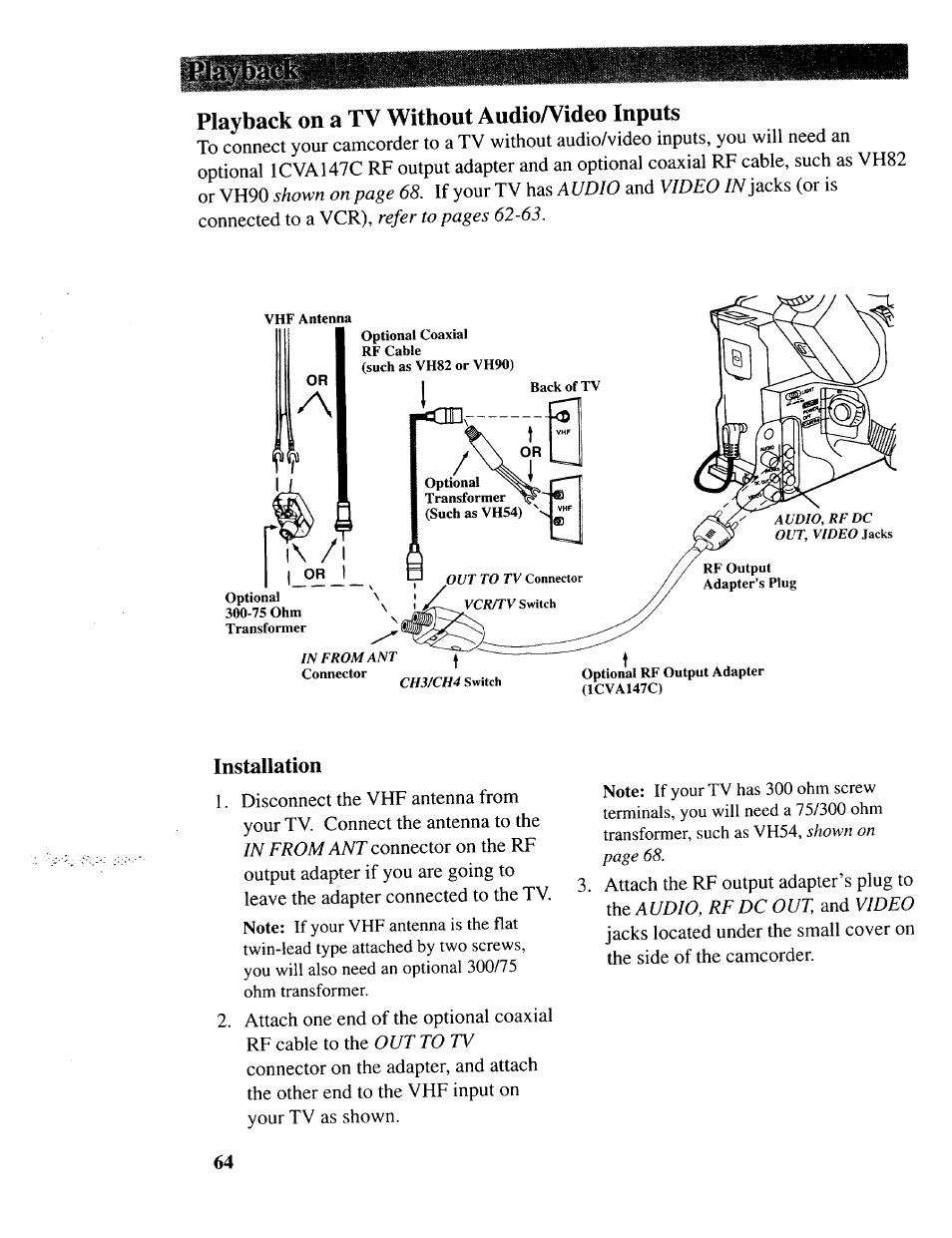 Playback on a tv without audioa^ideo inputs, Installation | RCA CC643 User Manual | Page 63 / 85