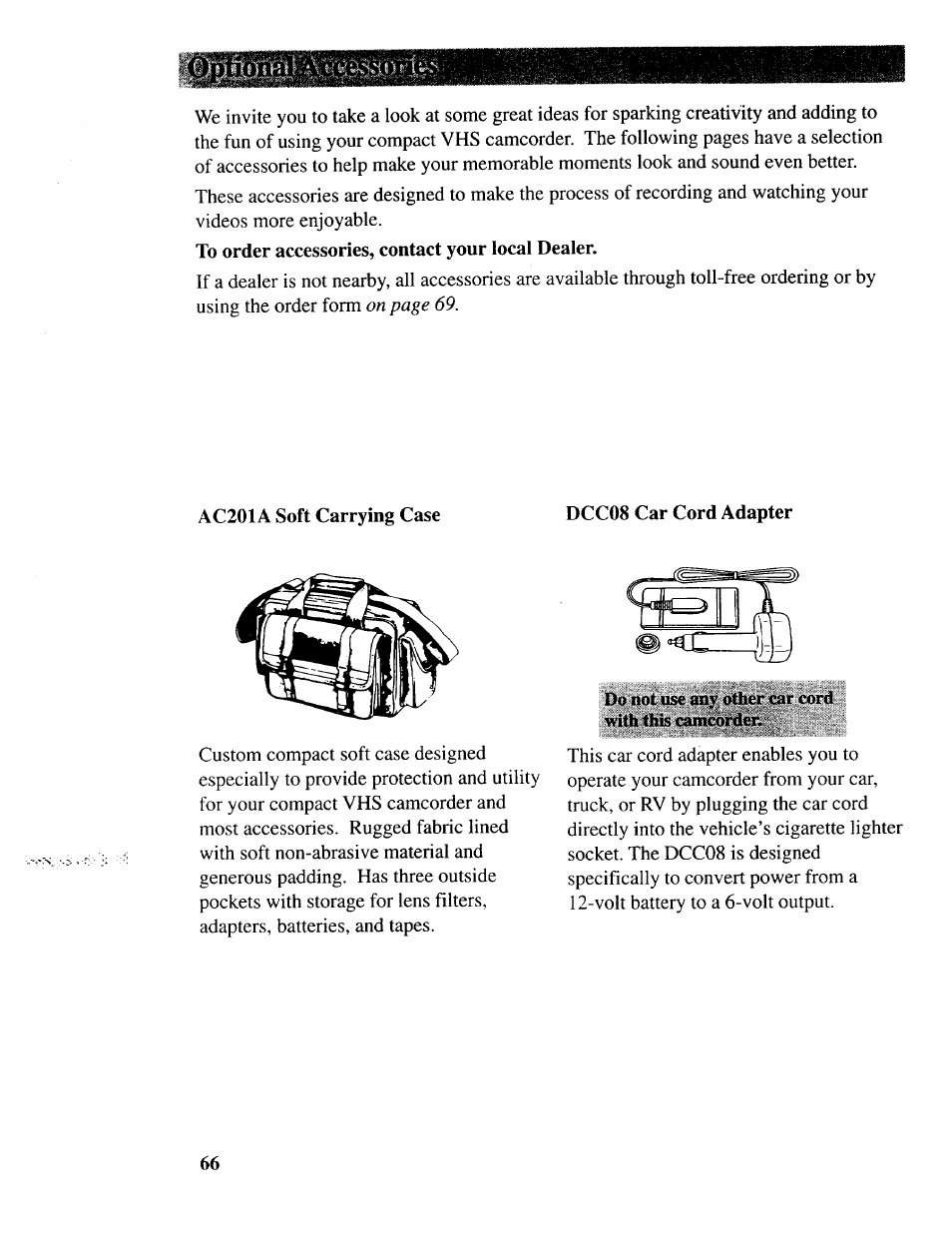 Ac201a soft carrying case, Dcc08 car cord adapter | RCA CC643 User Manual | Page 65 / 85