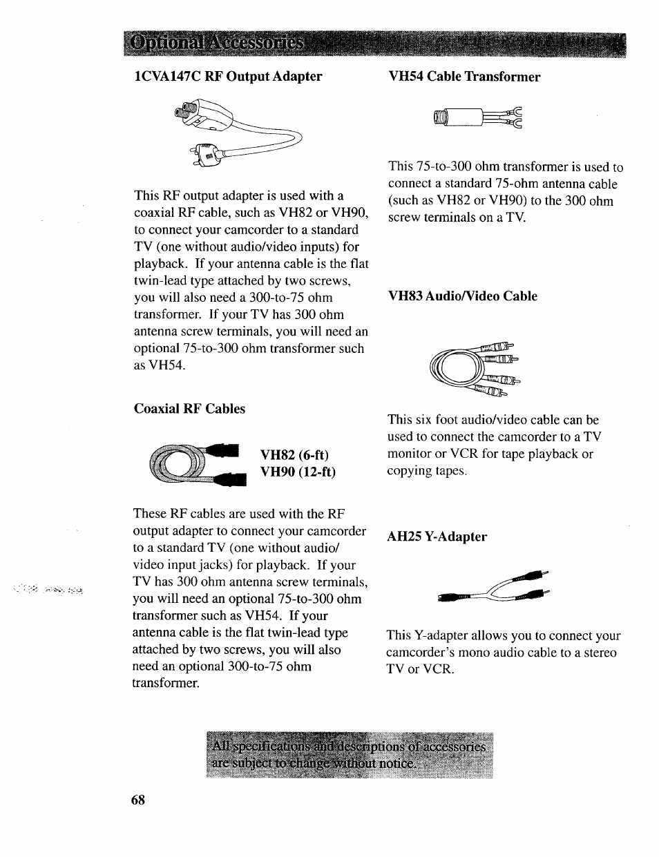 1cva147c rf output adapter, Vh54 cable transformer, Vh83 audioa^ideo cable | RCA CC643 User Manual | Page 67 / 85