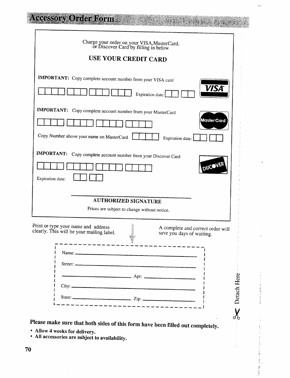 Use your credit card, Authorized signature, Accessory order form | RCA CC643 User Manual | Page 69 / 85