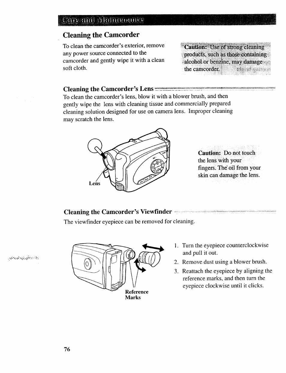 Cleaning the camcorder, Cleaning the camcorder’s lens, Cleaning the camcorder’s viewfinder | RCA CC643 User Manual | Page 75 / 85