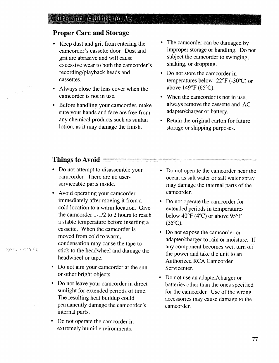 Proper care and storage, Things to avoid, Th ings to avoid | RCA CC643 User Manual | Page 76 / 85