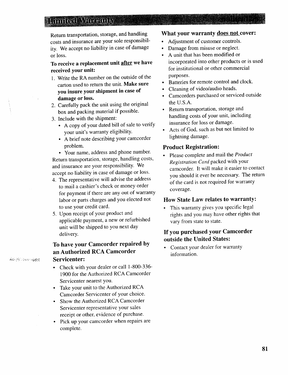 What your warranty does not cover, Product registration, How state law relates to warranty | If you purchased your camcorder, Outside the united states, Isimitsawdrrsa | RCA CC643 User Manual | Page 80 / 85