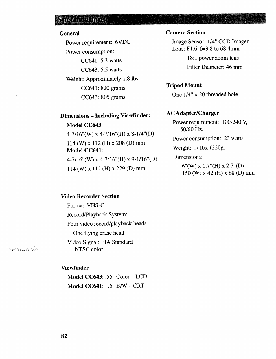 General, Dimensions - including viewfinder: model cc643, Camera section | Tripod mount, Ac adapter/charger, Video recorder section, Viewfinder | RCA CC643 User Manual | Page 81 / 85