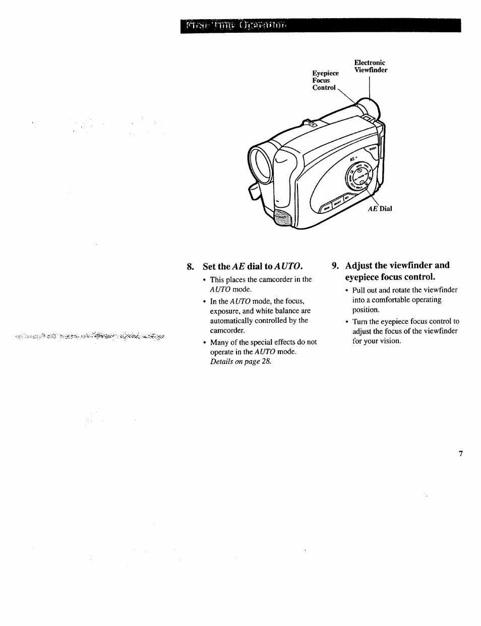 Set the ae dial to a uto, Adjust the viewfinder and eyepiece focus control | RCA CC643 User Manual | Page 9 / 85