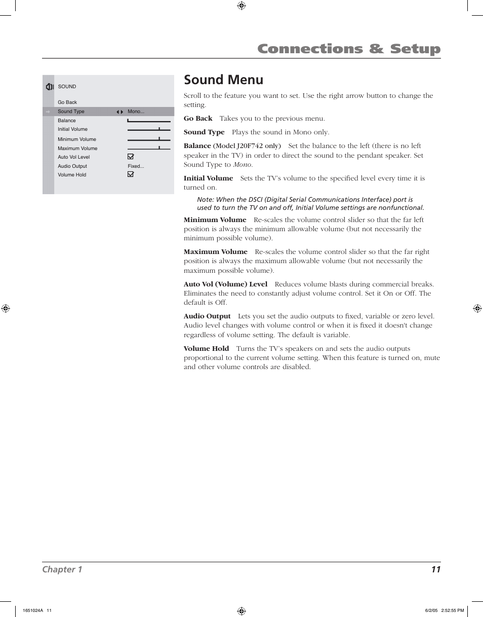 Connections & setup sound menu, Chapter 1 11 | RCA J20F635 User Manual | Page 11 / 40