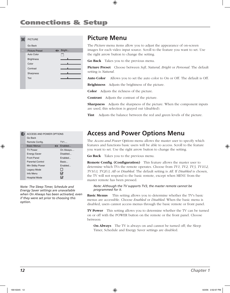 Connections & setup, Picture menu, Access and power options menu | 12 chapter 1 | RCA J20F635 User Manual | Page 12 / 40