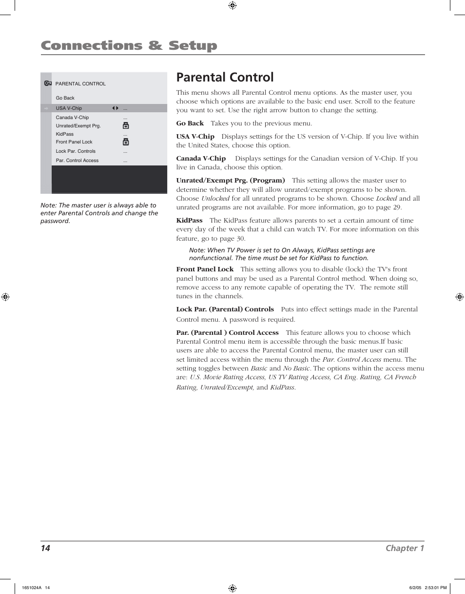 Connections & setup, Parental control, 14 chapter 1 | RCA J20F635 User Manual | Page 14 / 40
