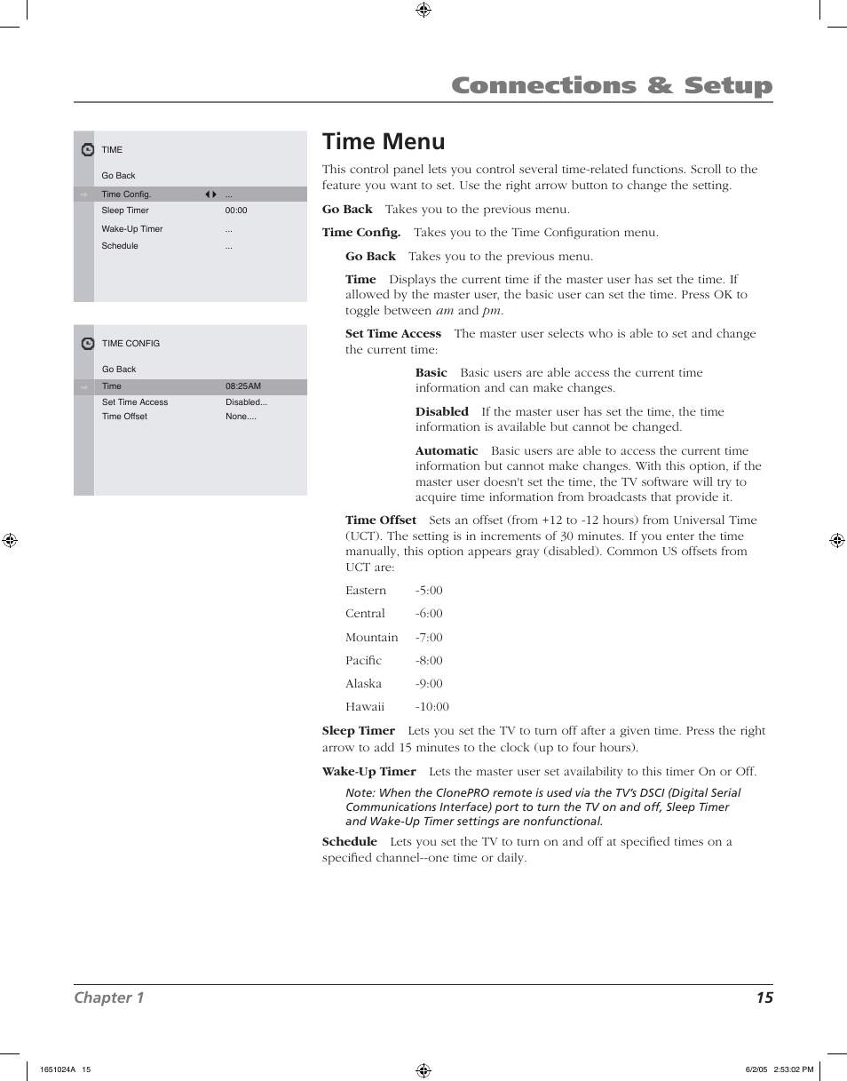 Connections & setup time menu, Chapter 1 15 | RCA J20F635 User Manual | Page 15 / 40