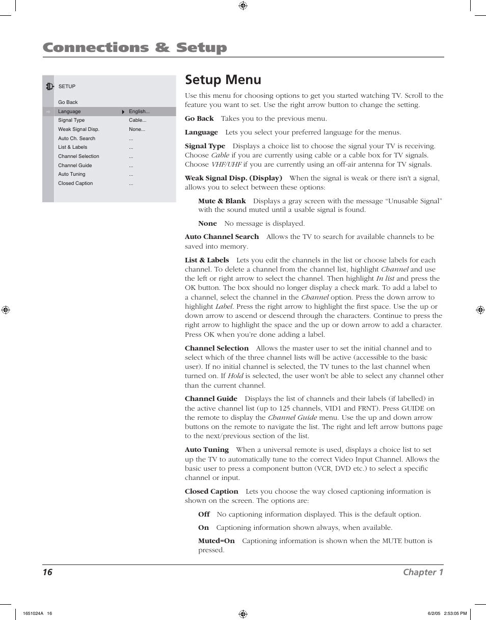 Connections & setup, Setup menu, 16 chapter 1 | RCA J20F635 User Manual | Page 16 / 40