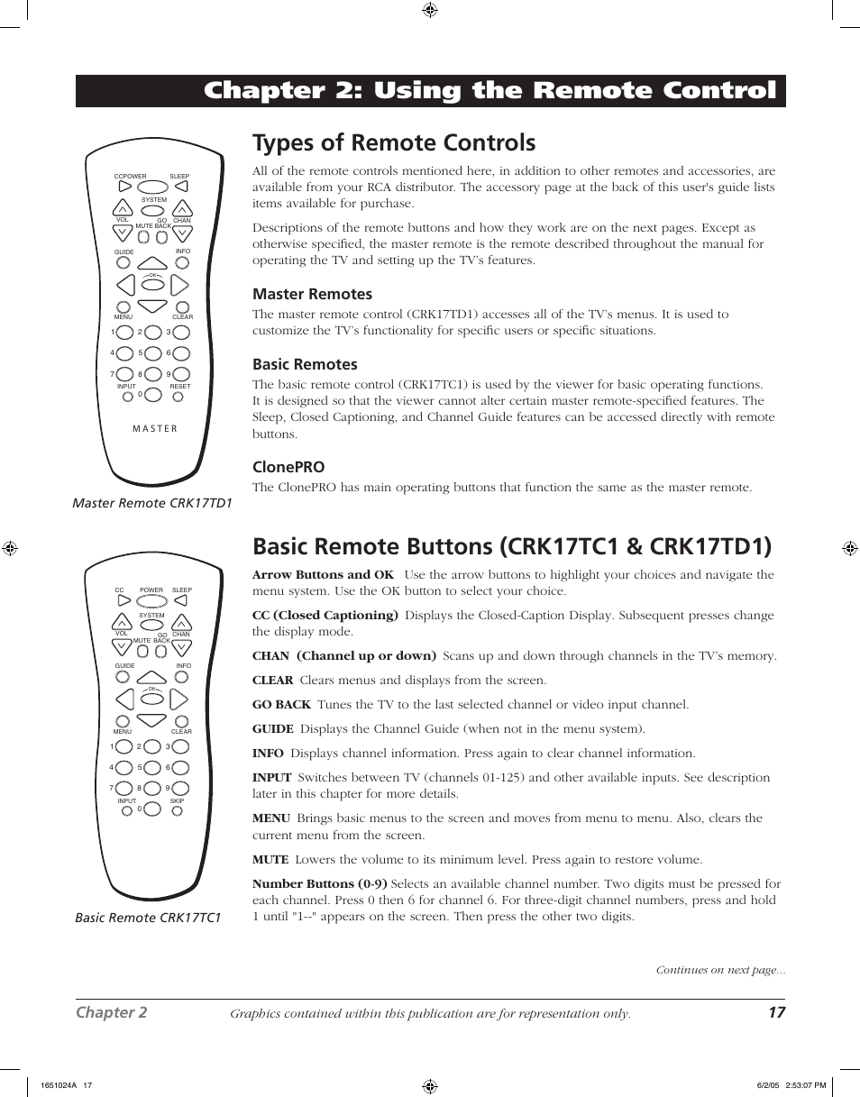 Types of remote controls, Chapter 2: using the remote control, Chapter 2 17 | Master remotes, Basic remotes, Clonepro, Master remote crk17td1, Basic remote crk17tc1 | RCA J20F635 User Manual | Page 17 / 40