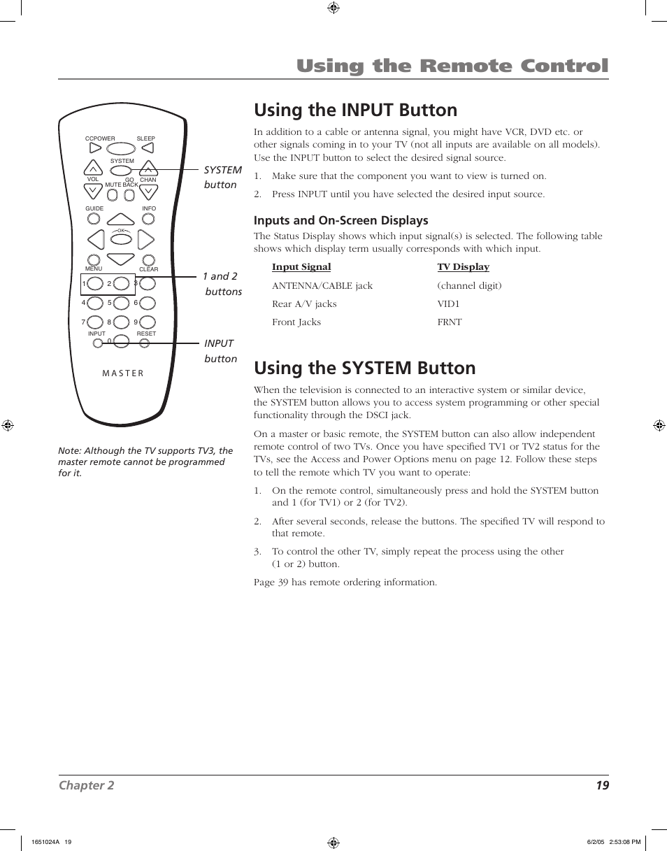 Using the remote control using the input button, Using the system button, Chapter 2 19 | Inputs and on-screen displays | RCA J20F635 User Manual | Page 19 / 40
