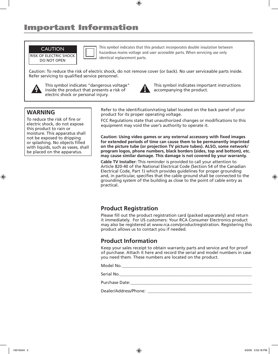 Important information, Product registration, Product information | Warning | RCA J20F635 User Manual | Page 2 / 40