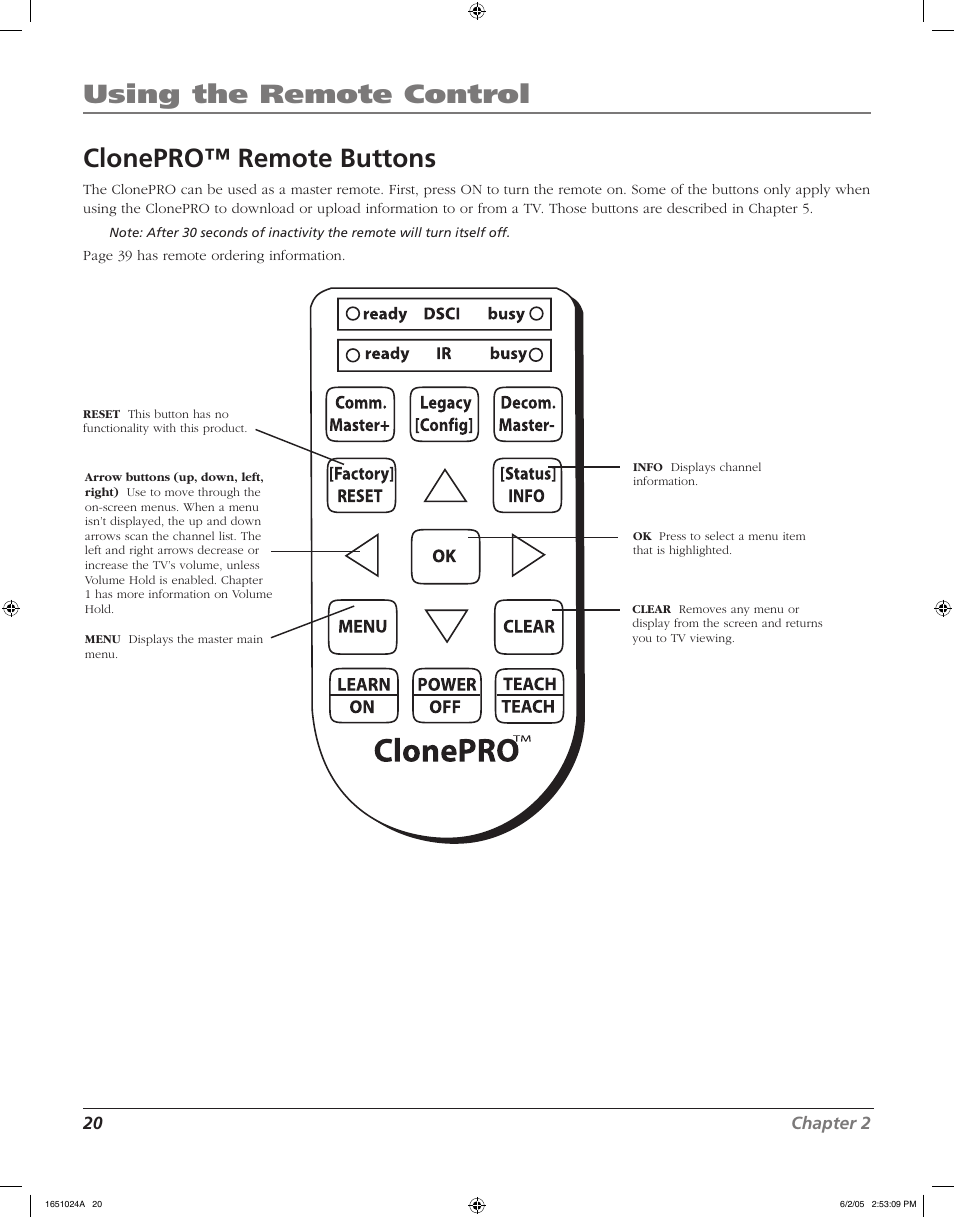 Using the remote control, Clonepro™ remote buttons | RCA J20F635 User Manual | Page 20 / 40