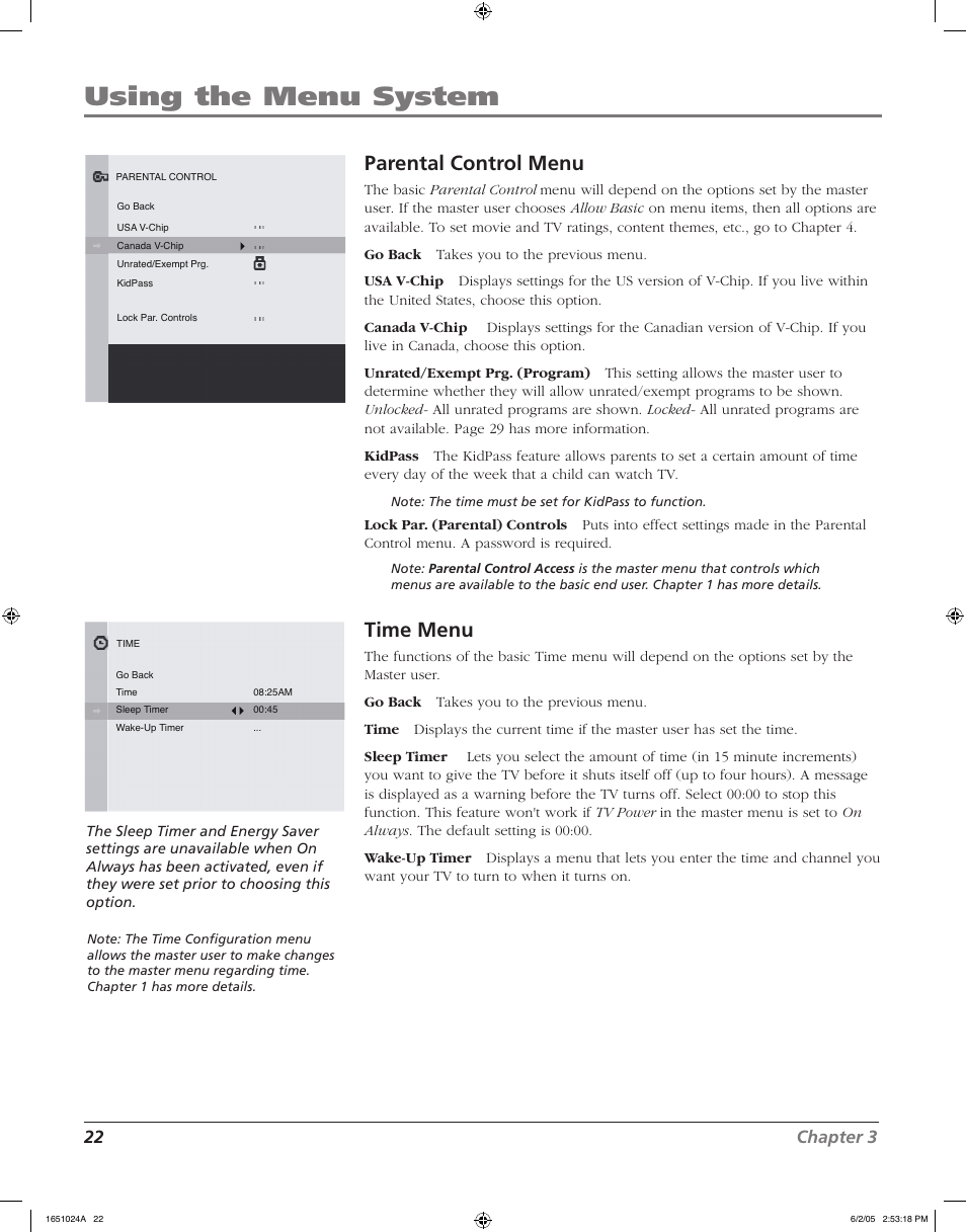 Using the menu system, Parental control menu, Time menu | 22 chapter 3 | RCA J20F635 User Manual | Page 22 / 40